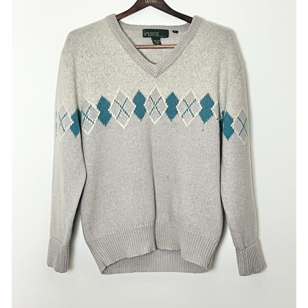 Vintage 100% Wool Sweater Men's Large‎ Gray Argyle Light Academia Professional